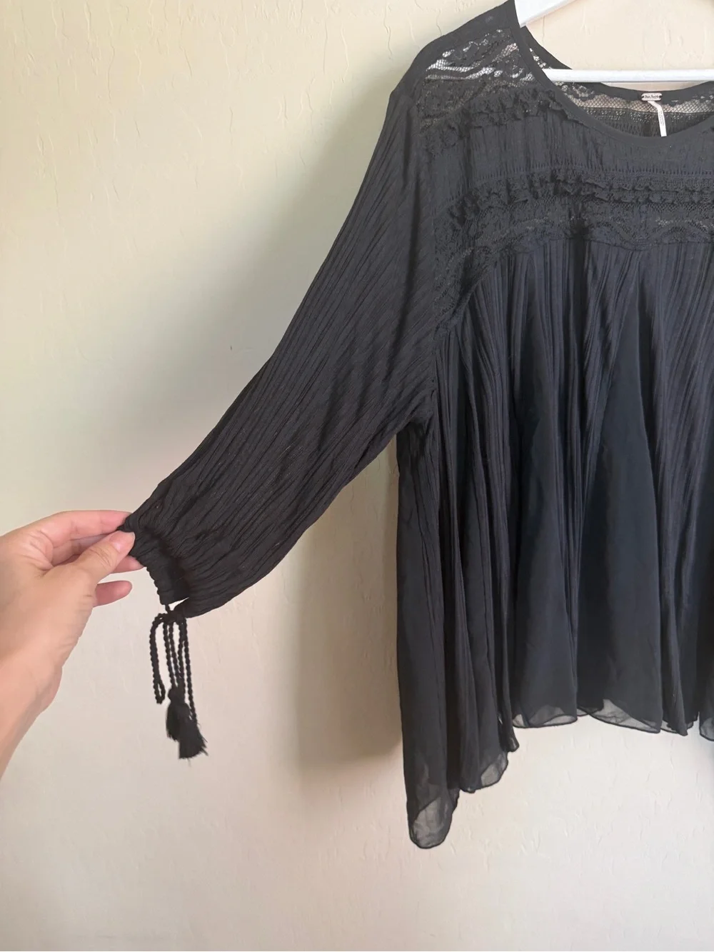 Free People Sheer Black Lace Yoke Bell Sleeve Boho Lace Blouse Flowy Sheer Small